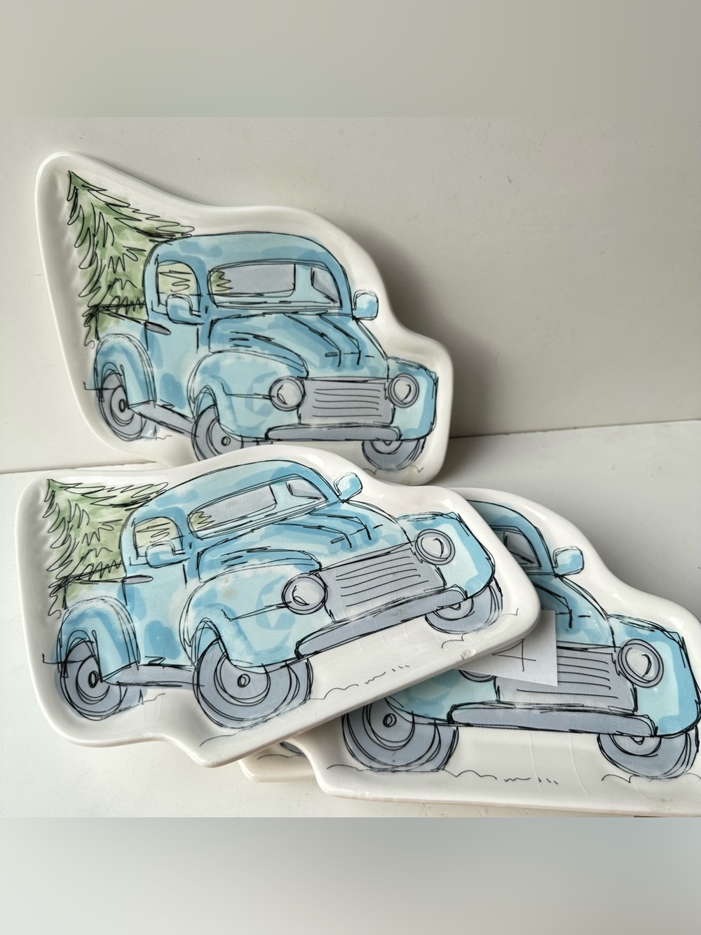 Set of 4 Robert Stanley Blue Vintage Truck Christmas Tree Shaped Plates Decor